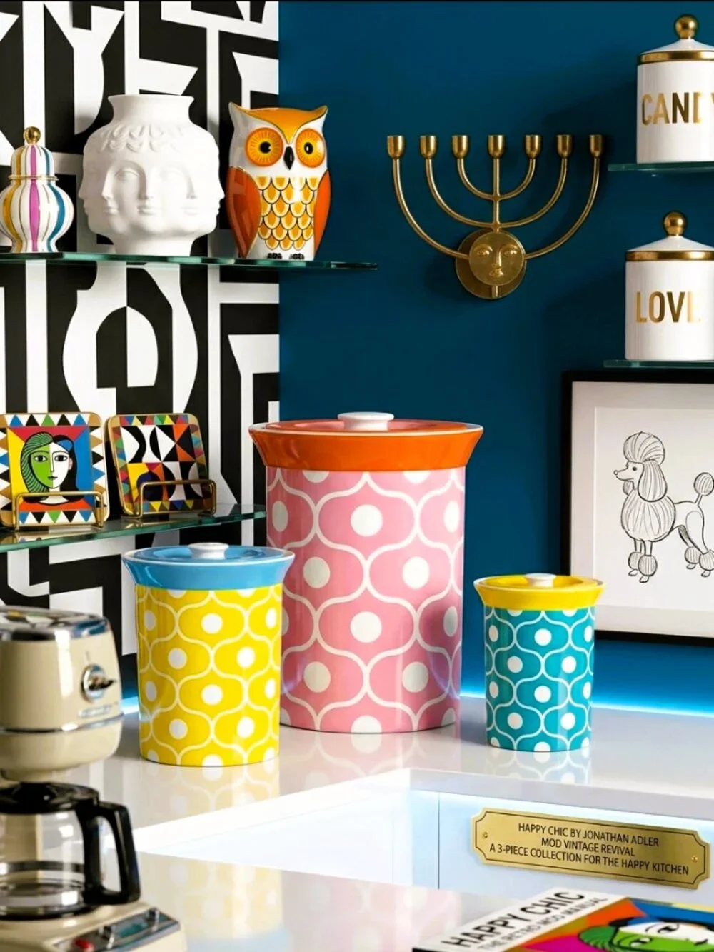 Jonathan Adler Happy Chic Ceramic Canister Pink Orange Retro Geometric WITH LID